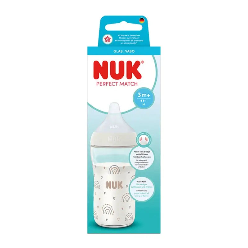 NUK Perfect Match Glasflasche 230 ml, Sauger M, ab 3 Monaten, Regenbogen