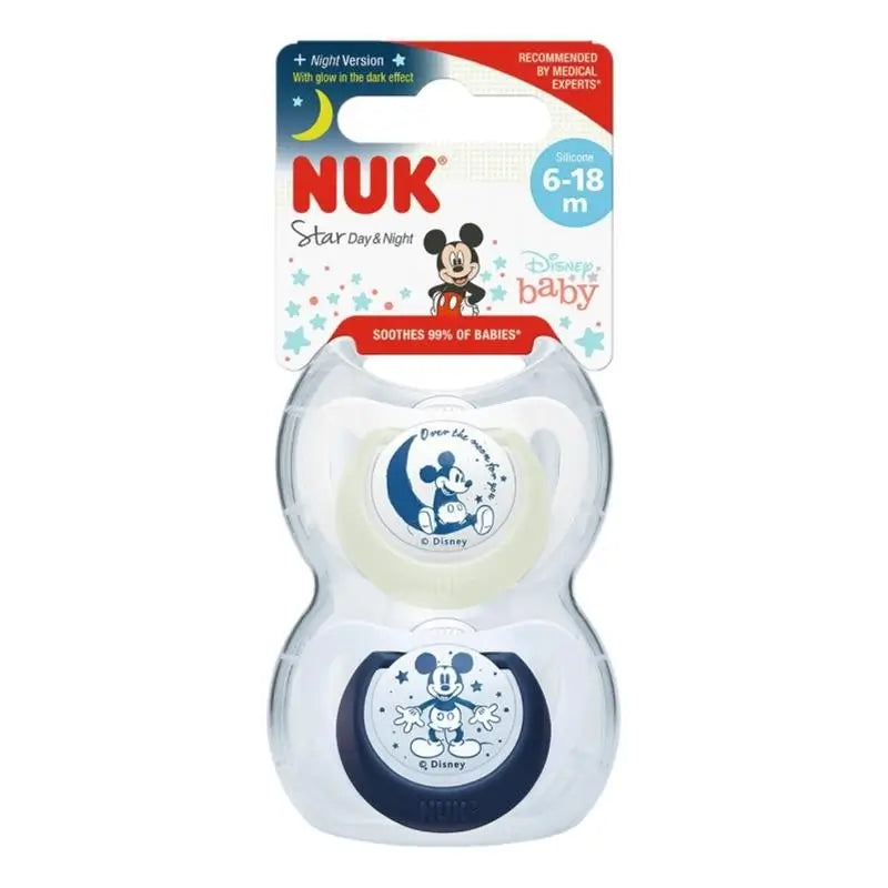 Nuk Star Day & Night Mickey Mouse T2 6-18M Silikon , 2 Stück