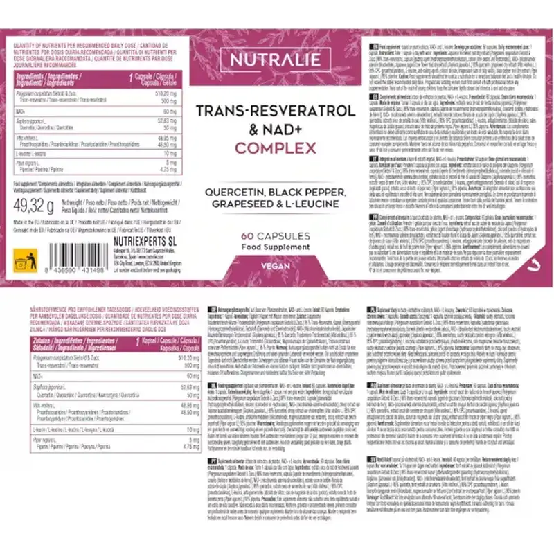 Nutralie Trans Resveratrol & Nad+-Komplex mit Quercetin + Piperin, 60 Kapseln