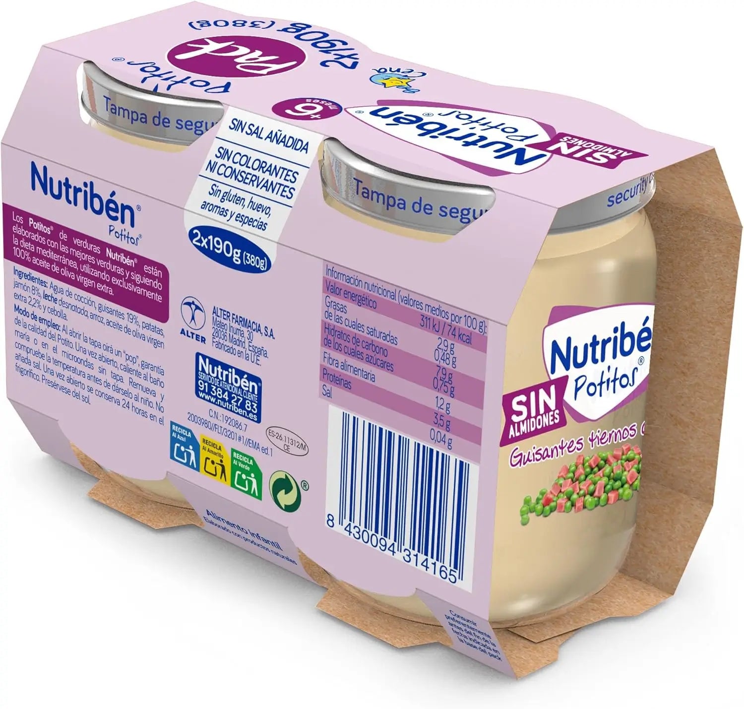 Nutribén Pack Potito Zarte Erbsen mit Schinken, 2X190 g