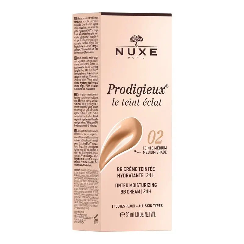 Nuxe feuchtigkeitsspendende Bb-Creme mit Farbe - 24H, Prodigieux® Le Teint Éclat 30Ml - Mittlerer Ton