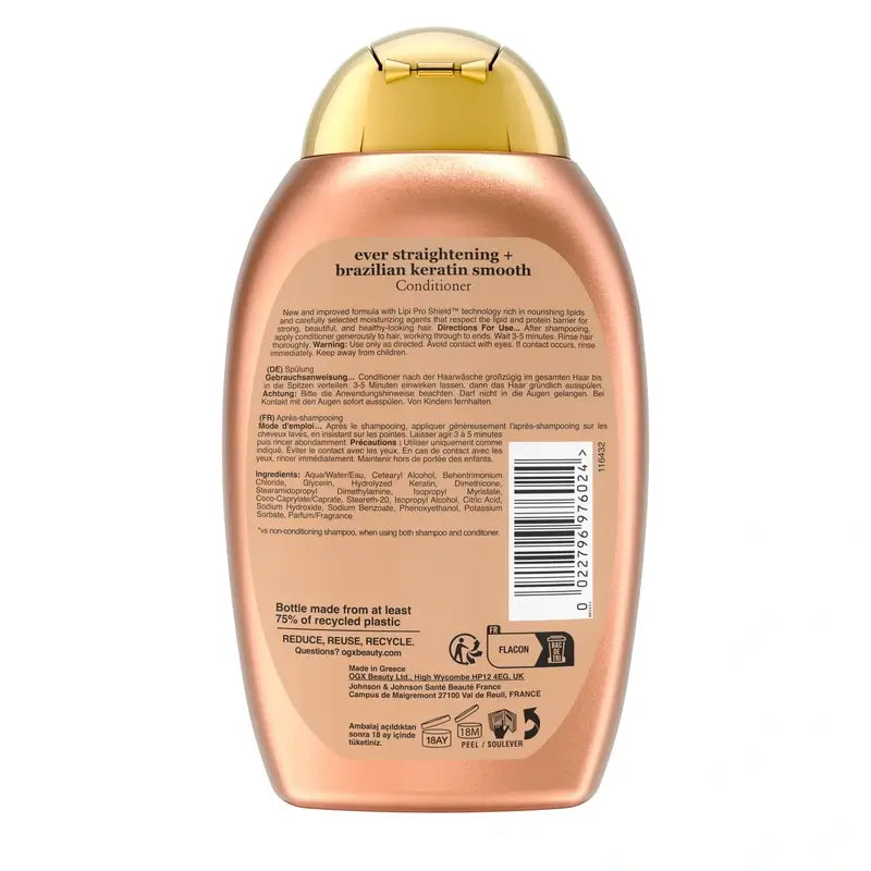 OGX Brazilian Keratin Conditioner, für gewelltes oder lockiges Haar, glättet, stärkt und spendet Feuchtigkeit, 385ml