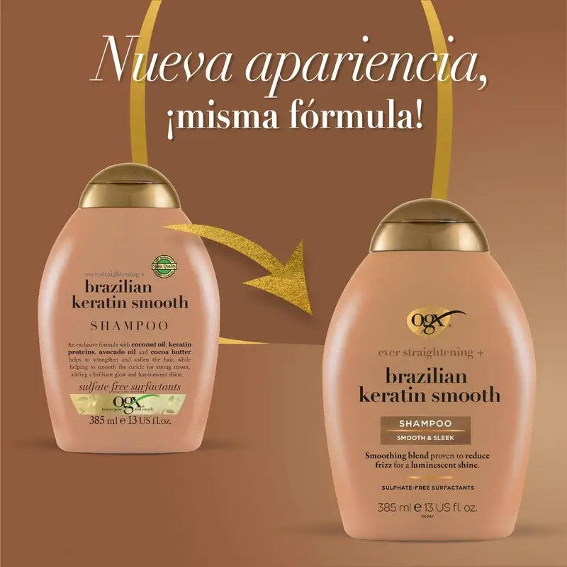 OGX Brazilian Keratin Shampoo, Glätten & Pflegen, gewelltes oder lockiges Haar, glatt & glänzend, 385ml