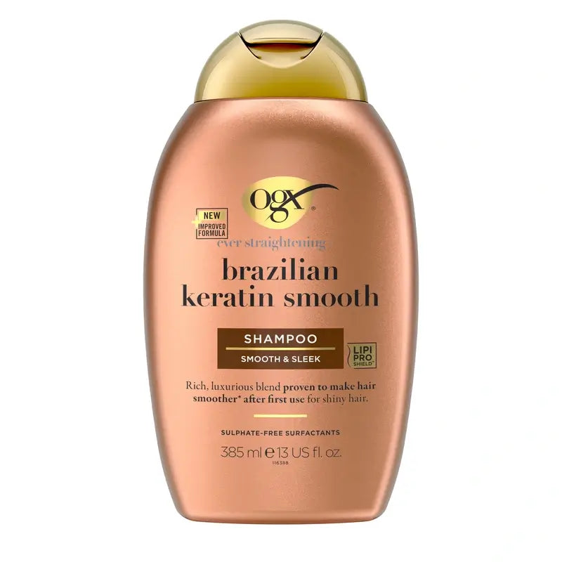 OGX Brazilian Keratin Shampoo, Glätten & Pflegen, gewelltes oder lockiges Haar, glatt & glänzend, 385ml