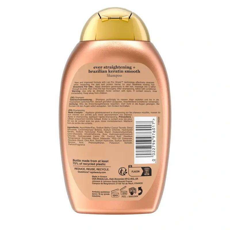 OGX Brazilian Keratin Shampoo, Glätten & Pflegen, gewelltes oder lockiges Haar, glatt & glänzend, 385ml