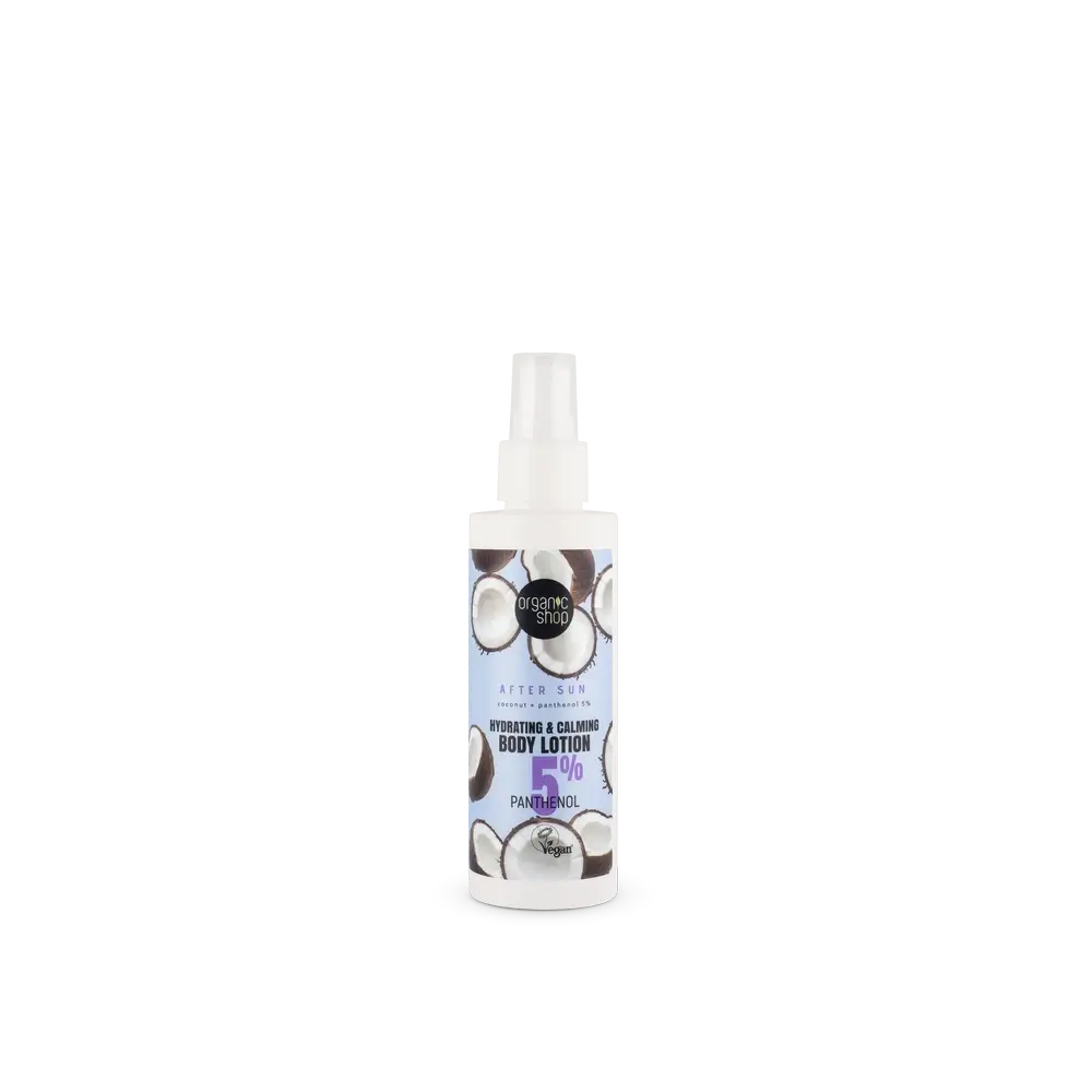 Organic Shop Feuchtigkeitsspendende & beruhigende Körperlotion Aftersun Kokosnuss + Panthenol 5%, 150 Ml