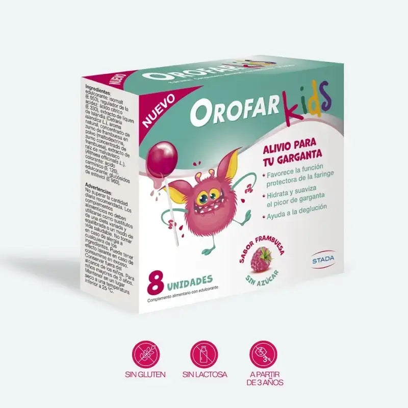 Orofar Kids Zuckerfrei Himbeere Hals Juckreiz Lutscher , 2x8 Lutscher