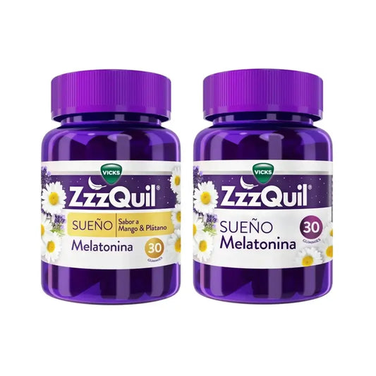 ZzzQuil Melatonin Original + Mango-Geschmack, Packung 2x30 Gummis