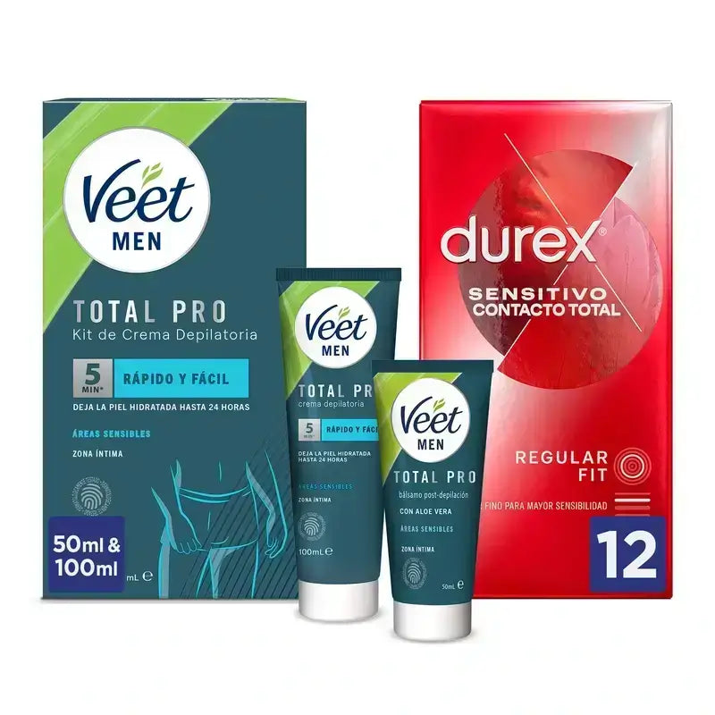Packung Durex Total Contact 12 Stück + Veet Men Intimbereich Kit
