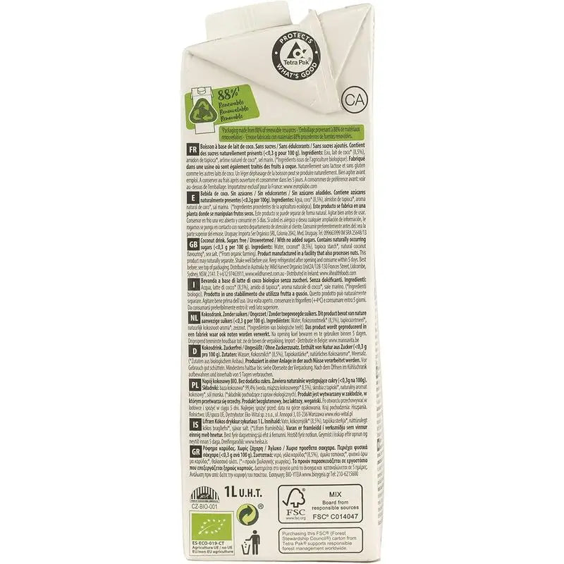 Ecomil Kokosnuss Natur Bio, Packung 1 L x 12 Stück.