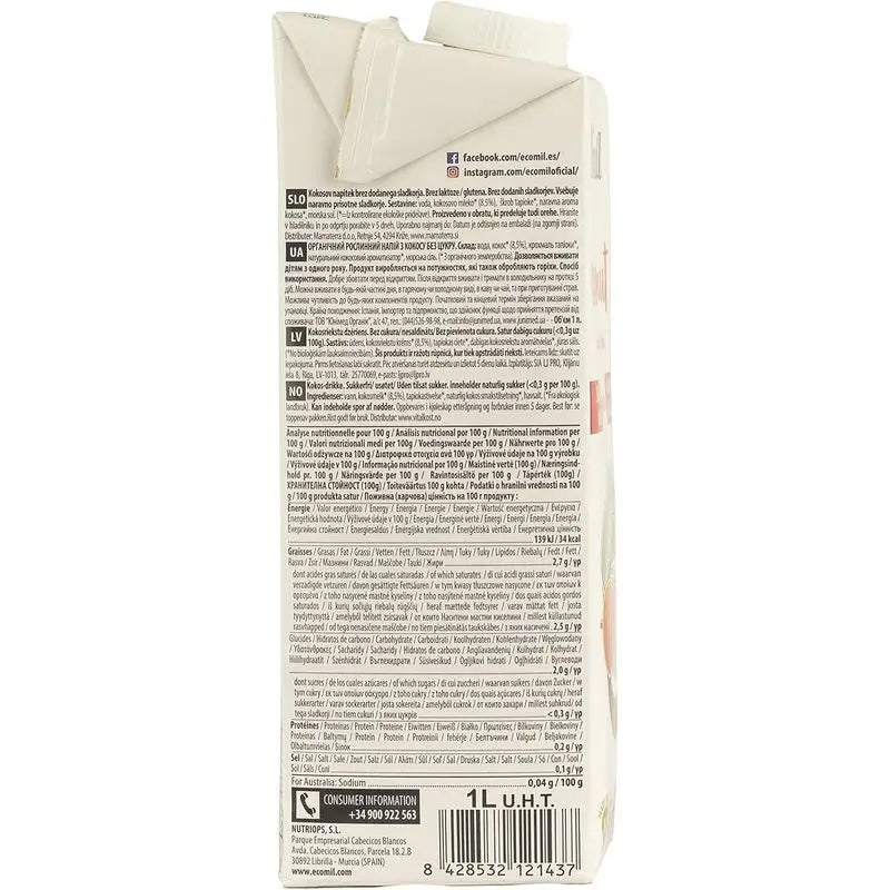 Ecomil Kokosnuss Natur Bio, Packung 1 L x 12 Stück.