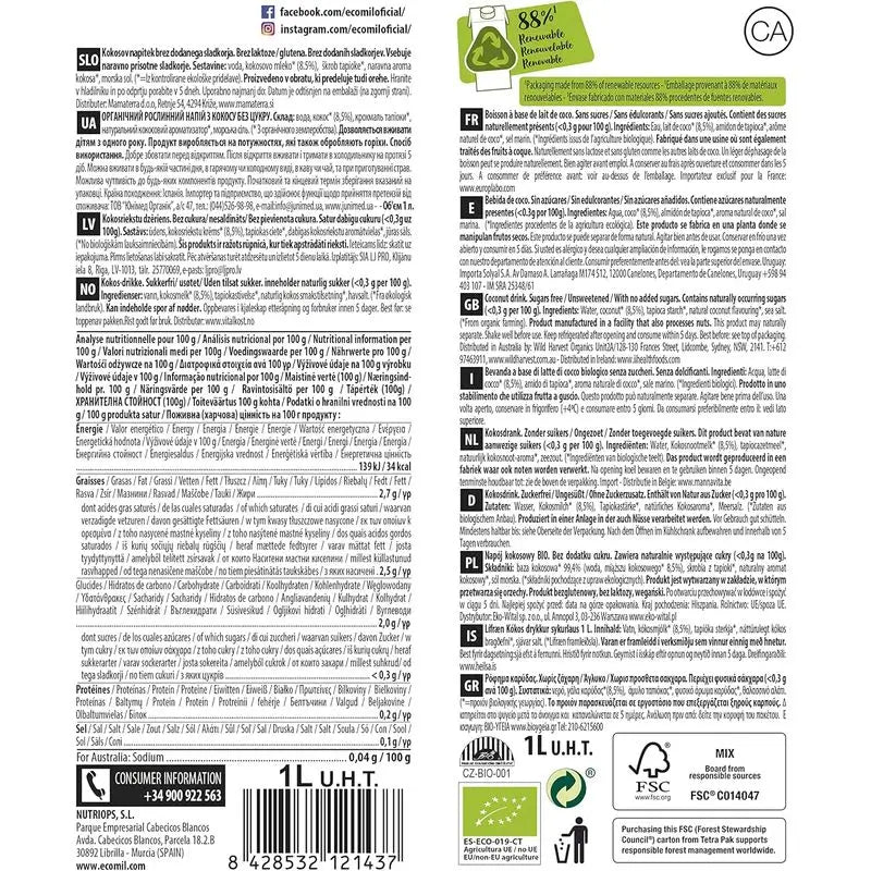 Ecomil Kokosnuss Natur Bio, Packung 1 L x 6 Einheiten