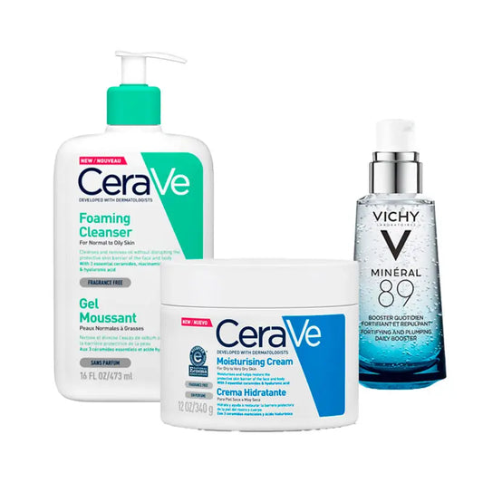 Packung Unisex-Routine Vichy Mineral 89 50ml +Cerave schäumendes Gel 473ml+Cerave feuchtigkeitsspendende Creme 340gr