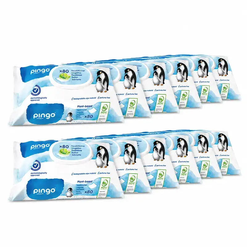 Pingo biologisch abbaubare Feuchttücher, Packung mit 12 x 80 Stück