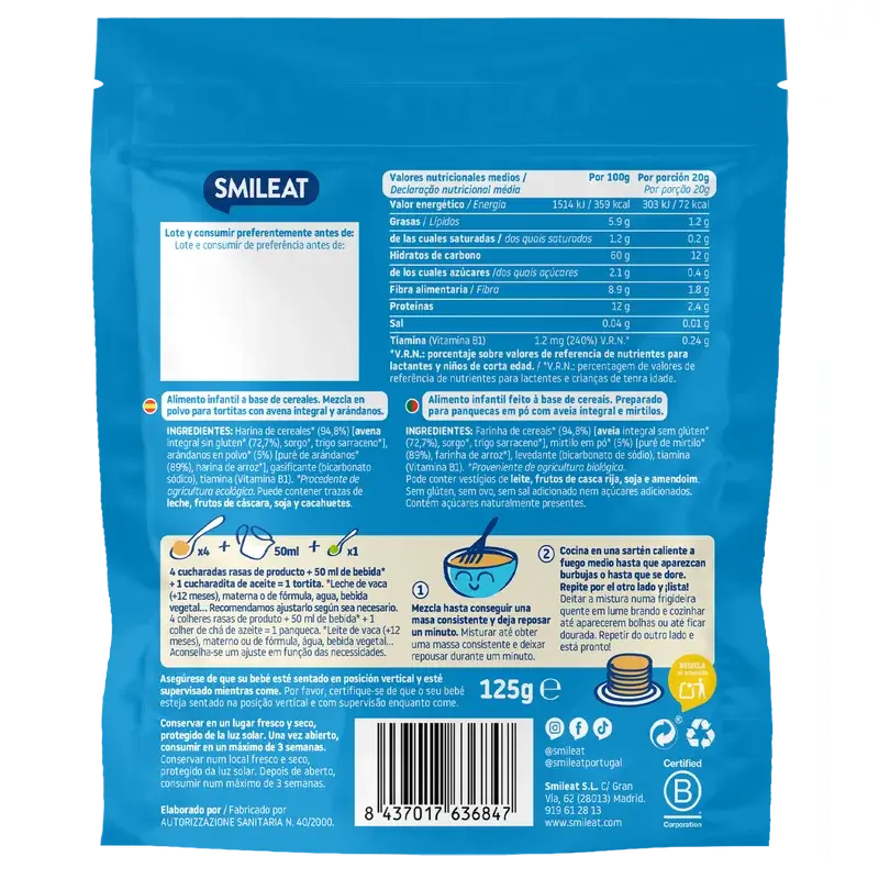 Smileat Mix Vollkornhaferflocken und Heidelbeerpfannkuchen , 125 gr ECO