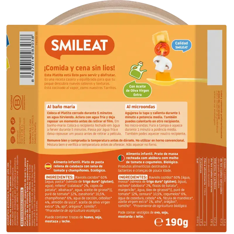Smileat Kleiner Teller Kürbisravioli mit Tomatensoße Eco, 190 g