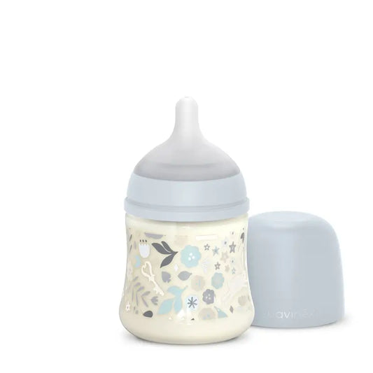 Suavinex Babyflasche 150 ml, Slow Flow (S), +0 Monate, Wonderland Flowers Blau