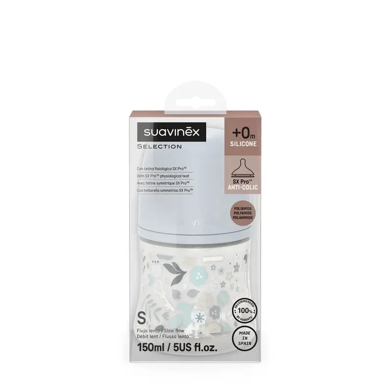 Suavinex Babyflasche 150 ml, Slow Flow (S), +0 Monate, Wonderland Flowers Blau