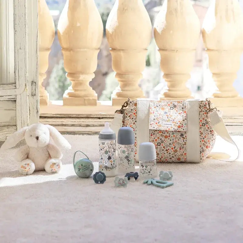 Suavinex Babyflasche 150 ml, Slow Flow (S), +0 Monate, Wonderland Flowers Blau