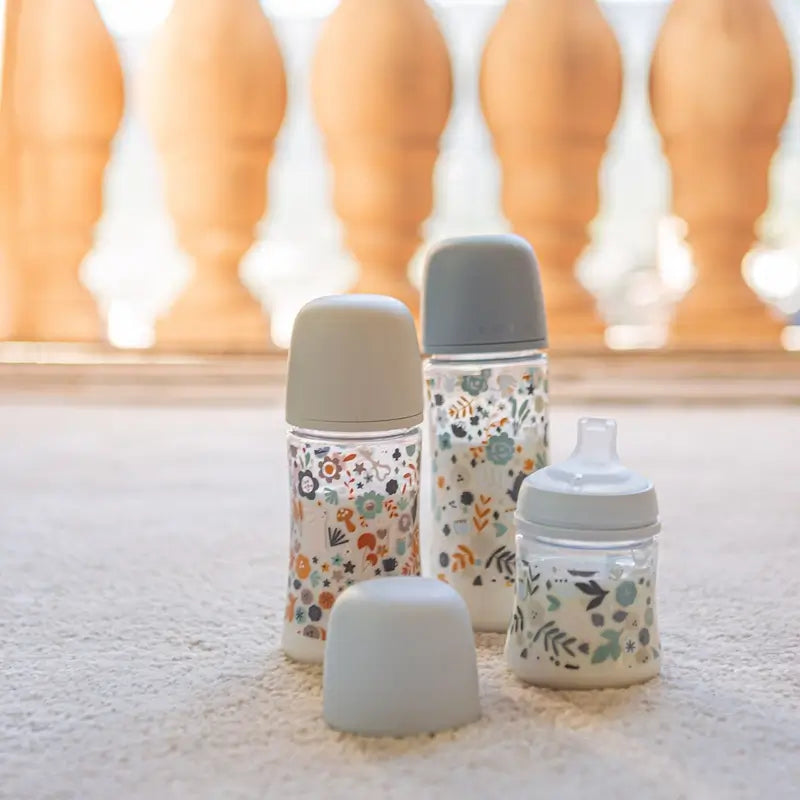 Suavinex Babyflasche 150 ml, Slow Flow (S), +0 Monate, Wonderland Flowers Blau