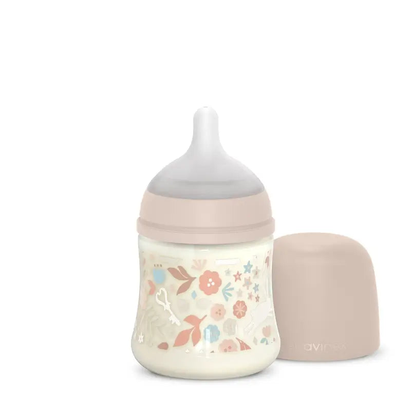 Suavinex Babyflasche 150 ml, Slow Flow (S), +0 Monate, Wonderland Flowers Pink