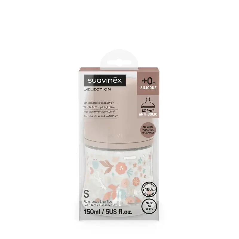 Suavinex Babyflasche 150 ml, Slow Flow (S), +0 Monate, Wonderland Flowers Pink