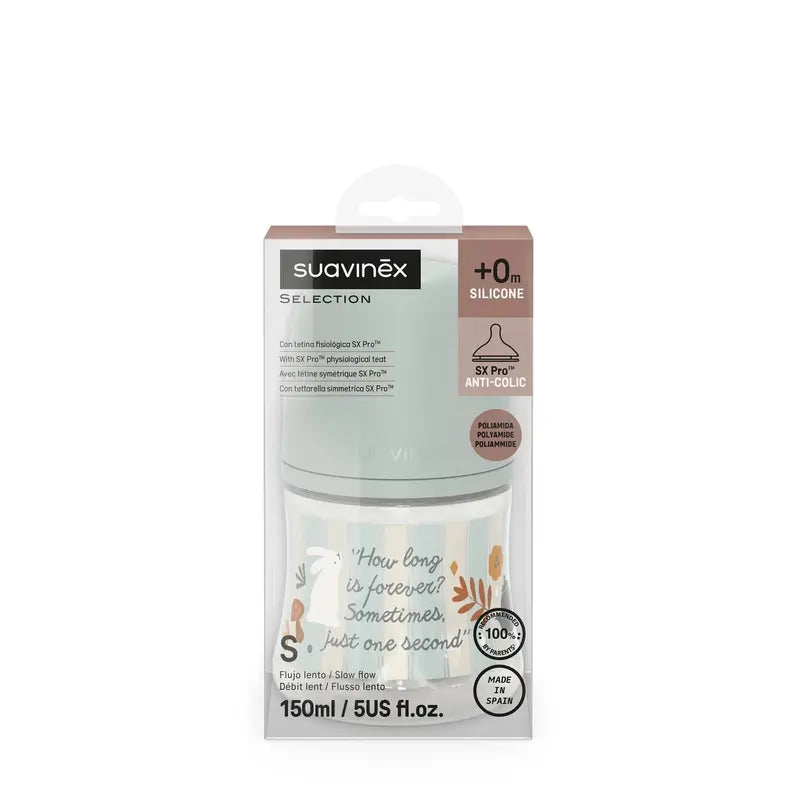 Suavinex Babyflasche 150 ml, Slow Flow (S), +0 Monate, Wonderland Grün