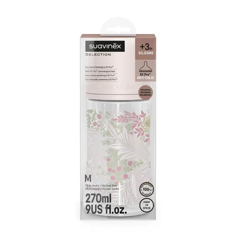 Suavinex Babyflasche 270 ml, Medium Flow (M), +3 Monate, Poesie Pink