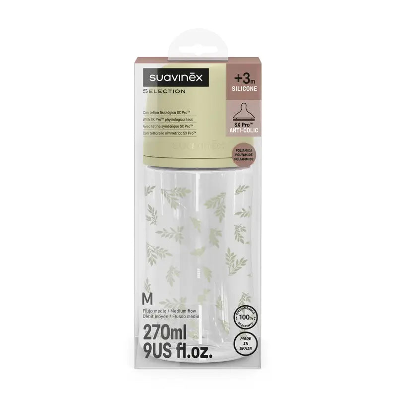 Suavinex Trinkflasche 270 ml, mittlerer Durchfluss (M), +3 Monate, grüne Poesie