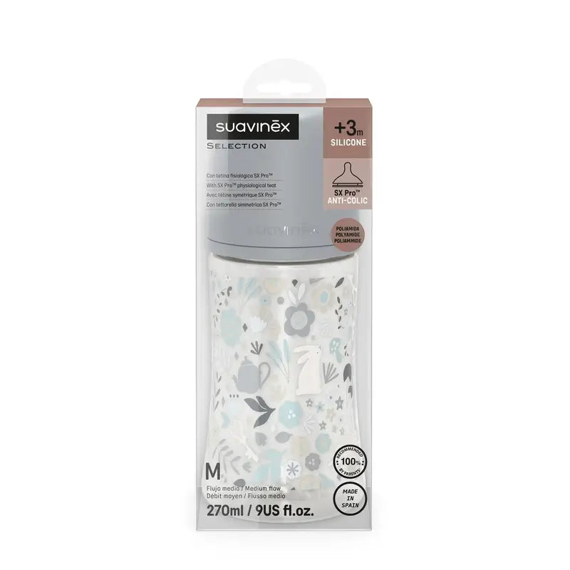 Suavinex Babyflasche 270 ml, Medium Flow (M), +3 Monate, Wonderland Flowers Blau