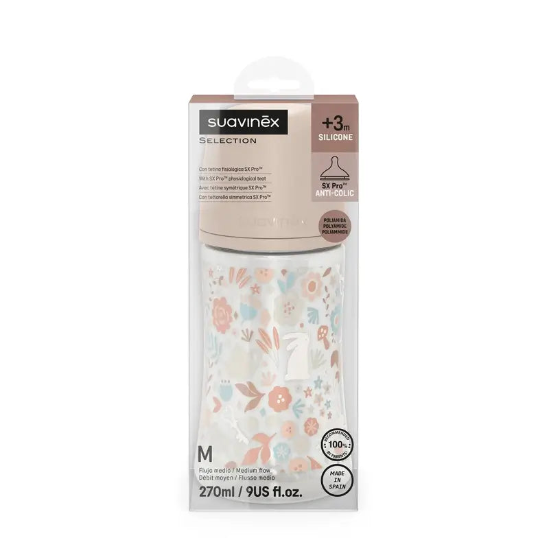 Suavinex Babyflasche 270 ml, Medium Flow (M), +3 Monate, Wonderland Flowers Pink