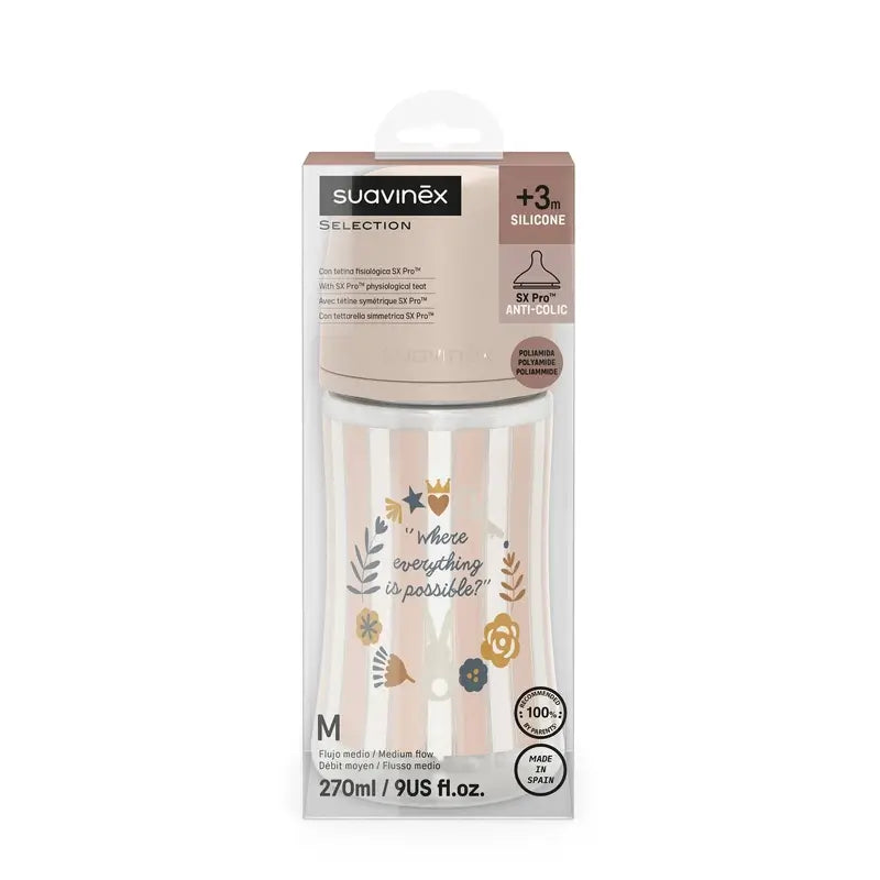 Suavinex Babyflasche 270 ml, Medium Flow (M), +3 Monate, Wonderland Pink
