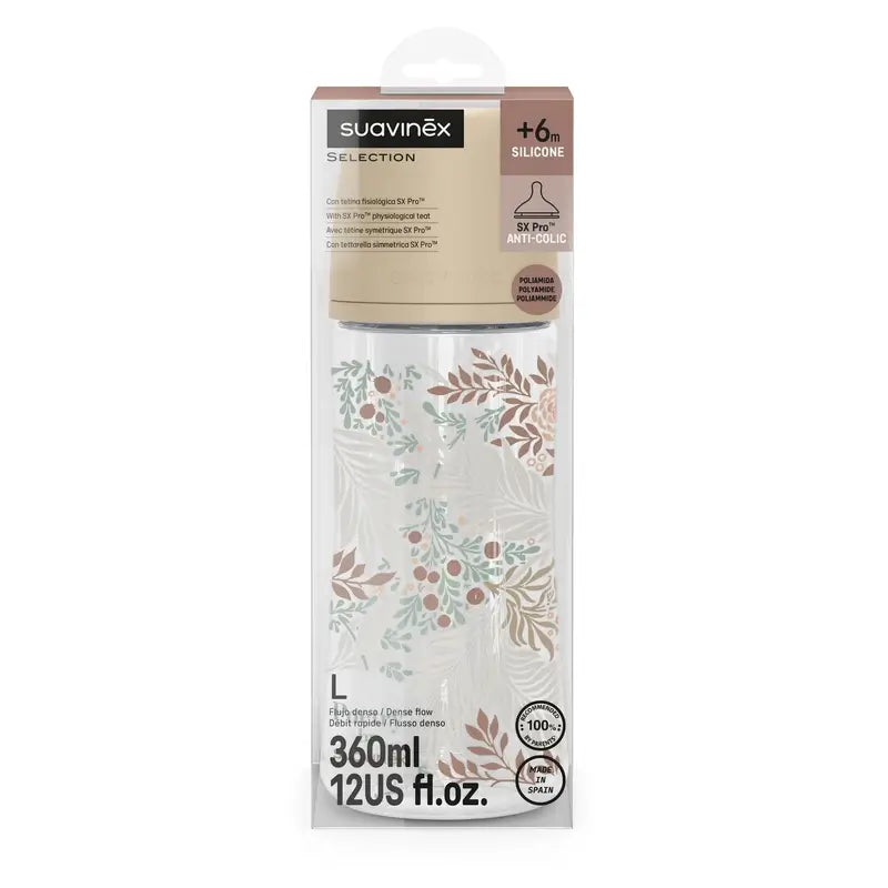 Suavinex Trinkflasche 360 ml, Dense Flow (L), +6 Monate, Poesie Beige