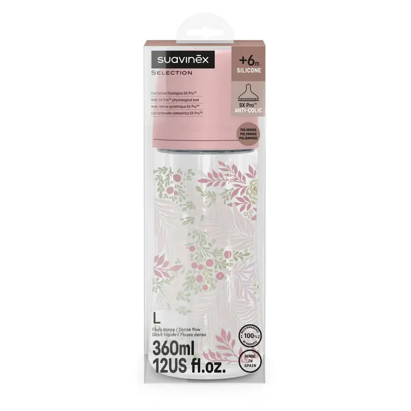 Suavinex Babyflasche 360 ml, Dense Flow (L), +6 Monate, Poesie Rosa