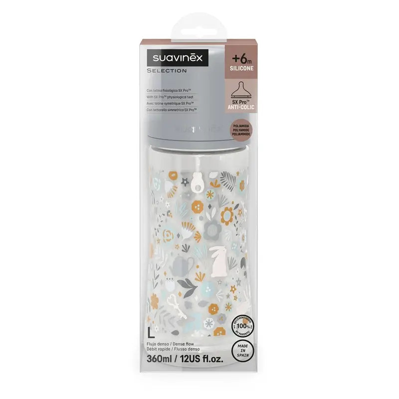 Suavinex Babyflasche 360 ml, Dense Flow (L), +6 Monate, Wonderland Flowers Blau