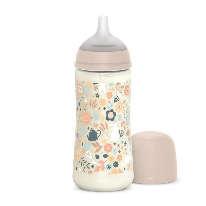 Suavinex Babyflasche 360 ml, Dense Flow (L), +6 Monate, Wonderland Flowers Pink