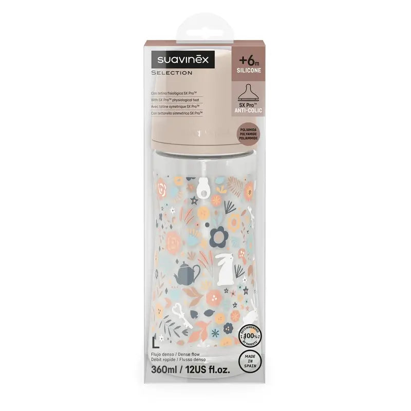 Suavinex Babyflasche 360 ml, Dense Flow (L), +6 Monate, Wonderland Flowers Pink