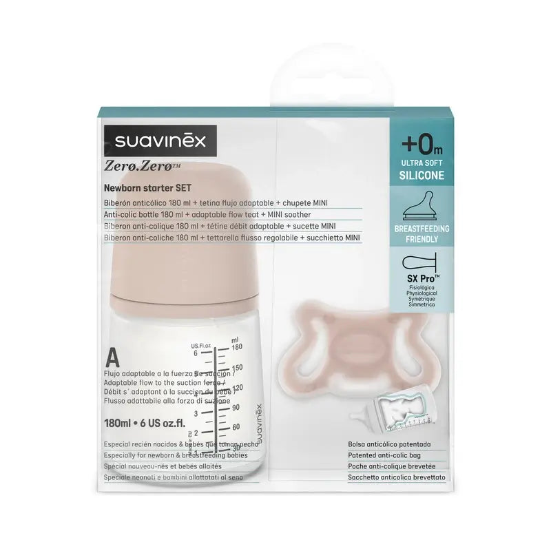 Suavinex Anti-Kolik-Flasche + Schnuller Zero Zero. Mittel