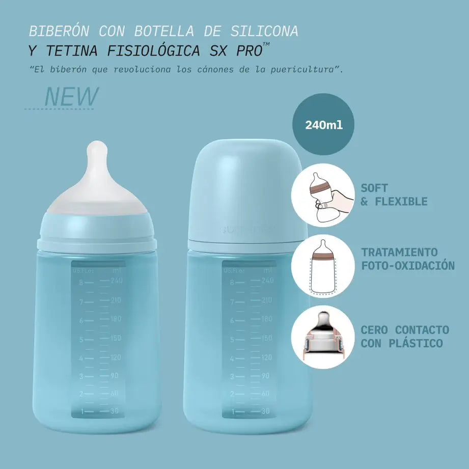Suavinex Babyflasche mit Silikonflasche 240 ml, Physiologischer Sauger Sx Pro, Medium Flow (M). +3 Monate. Farbe Essenz, Grau