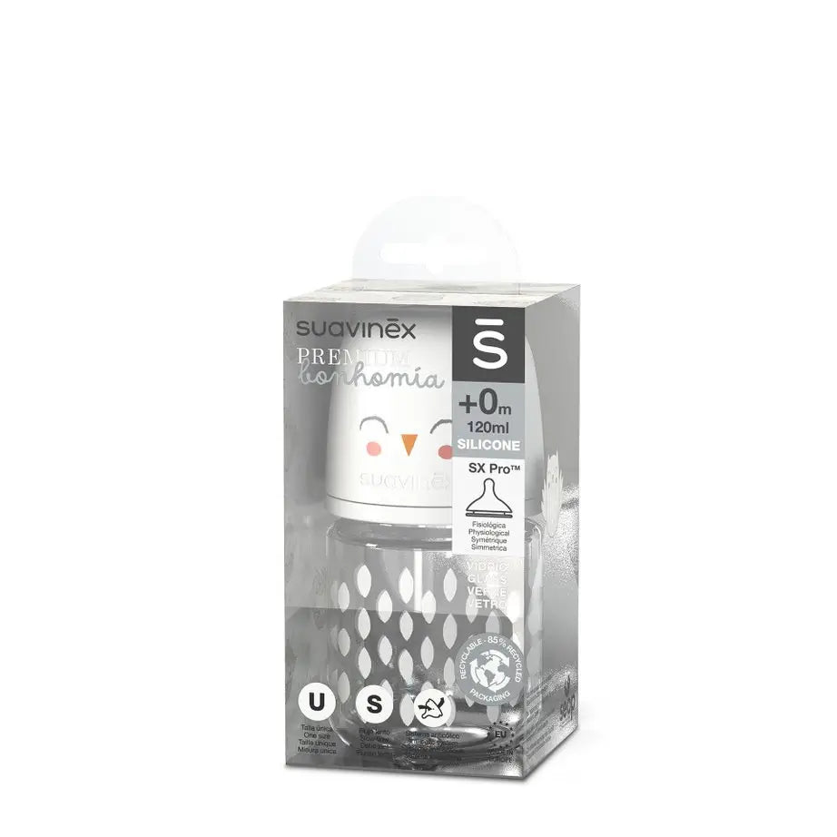 Suavinex Glasflasche 120 Ml. Physiologischer Sauger Sx Pro Silikon. Slow Flow Flasche. +0 Monate. Bonhomia, Beige