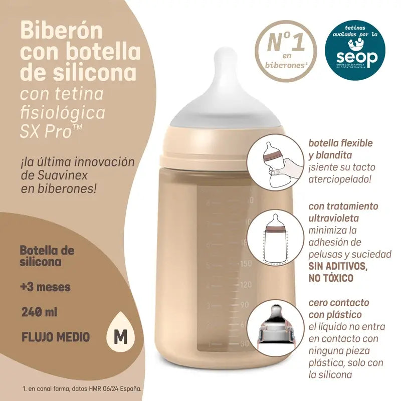 Suavinex Silikonflasche 240 ml, mittlerer Durchfluss (M), +3 Monate, Deep Ocean