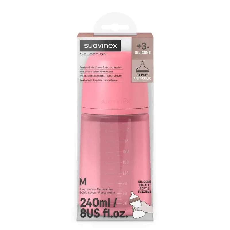 Suavinex Silikonflasche 240 ml, mittlerer Durchfluss (M), +3 Monate, Fuchsia