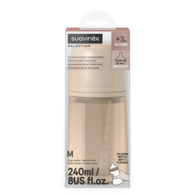Suavinex Silikonflasche 240 ml, mittlerer Durchfluss (M), +3 Monate, Irish Cream
