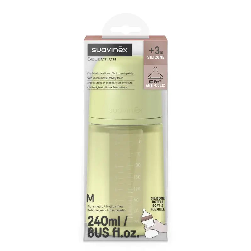 Suavinex Silikonflasche 240 ml, mittlerer Durchfluss (M), +3 Monate, Limette