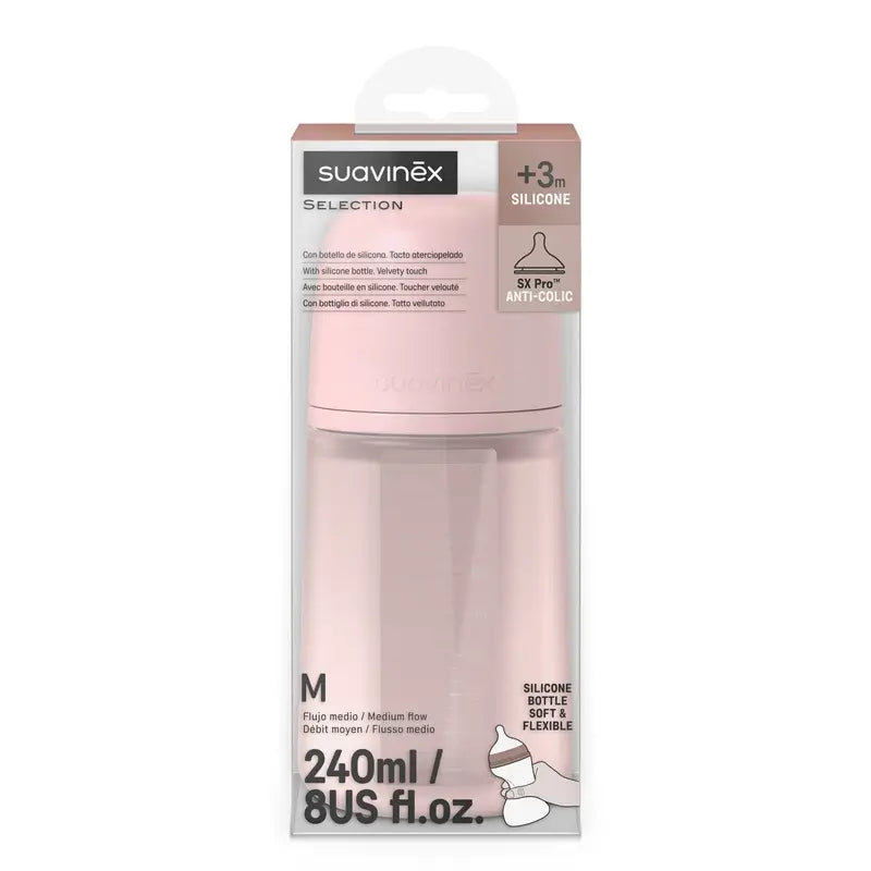 Suavinex Silikonflasche 240 ml, mittlerer Durchfluss (M), +3 Monate, Rosenwasser