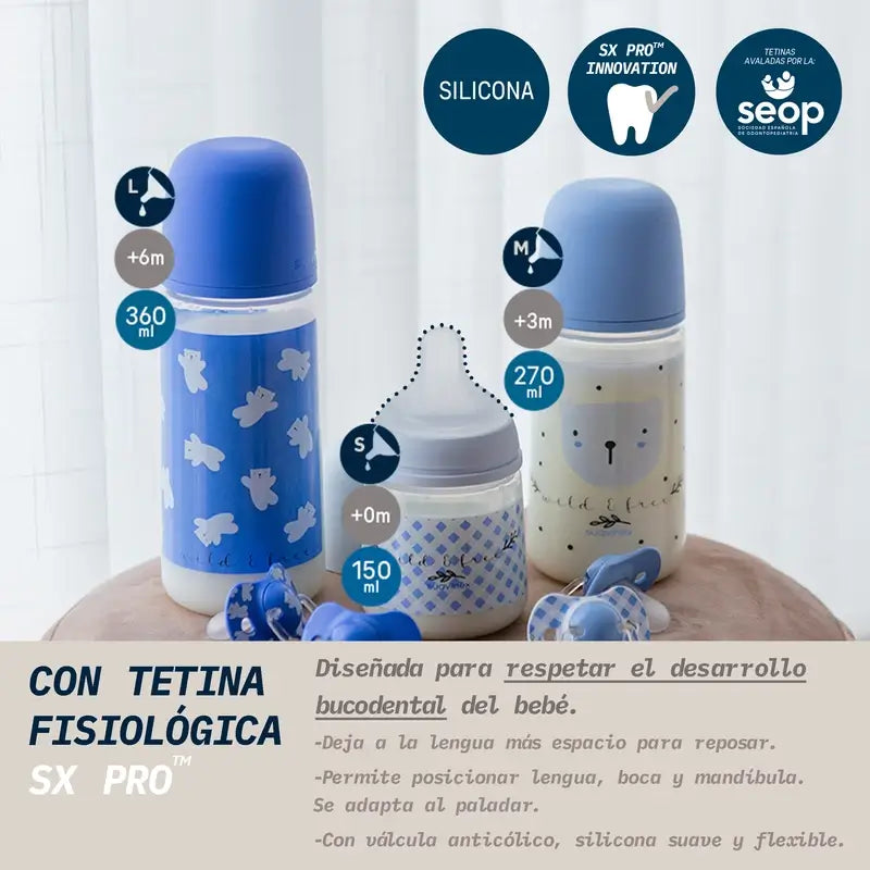 Suavinex Sx Pro Sauger Dense Flow Flasche (L) +6 Monate Wild&Free Blau, 360 ml