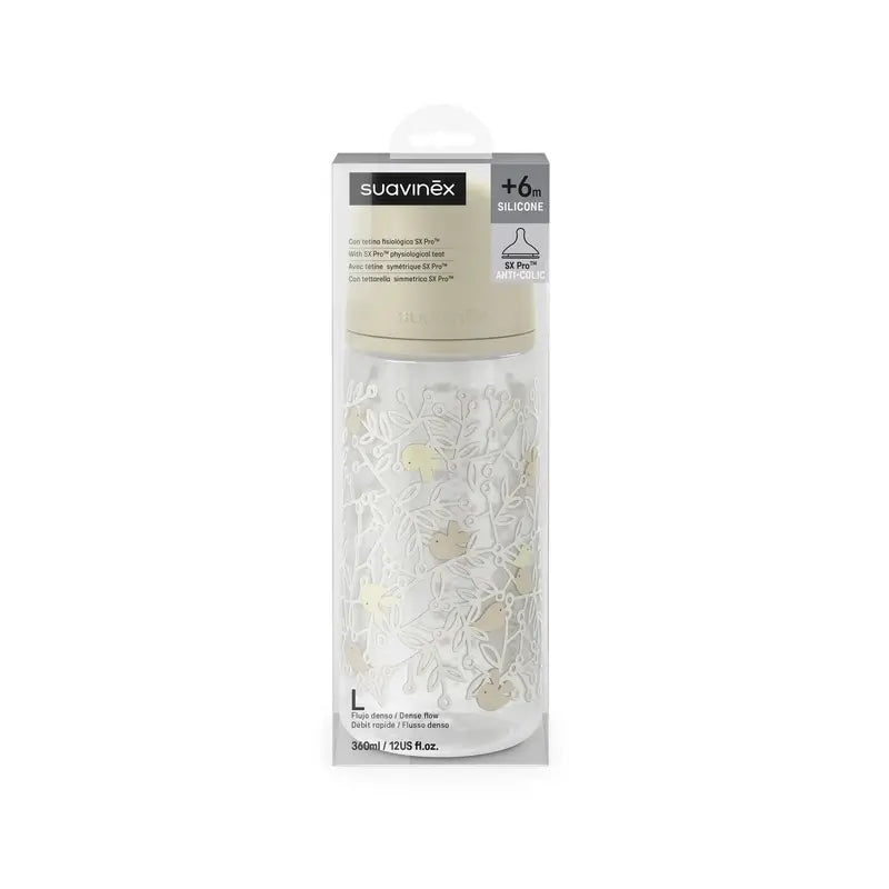 Suavinex Trinkflasche Sauger Sx Pro Dense Flow (L) +6 Monate Birdies Beige, 360 ml