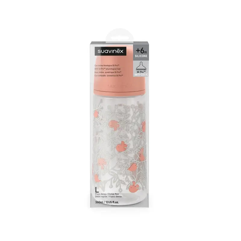 Suavinex Trinkflasche Sauger Sx Pro Dense Flow (L) +6 Monate Birdies Pink, 360 ml