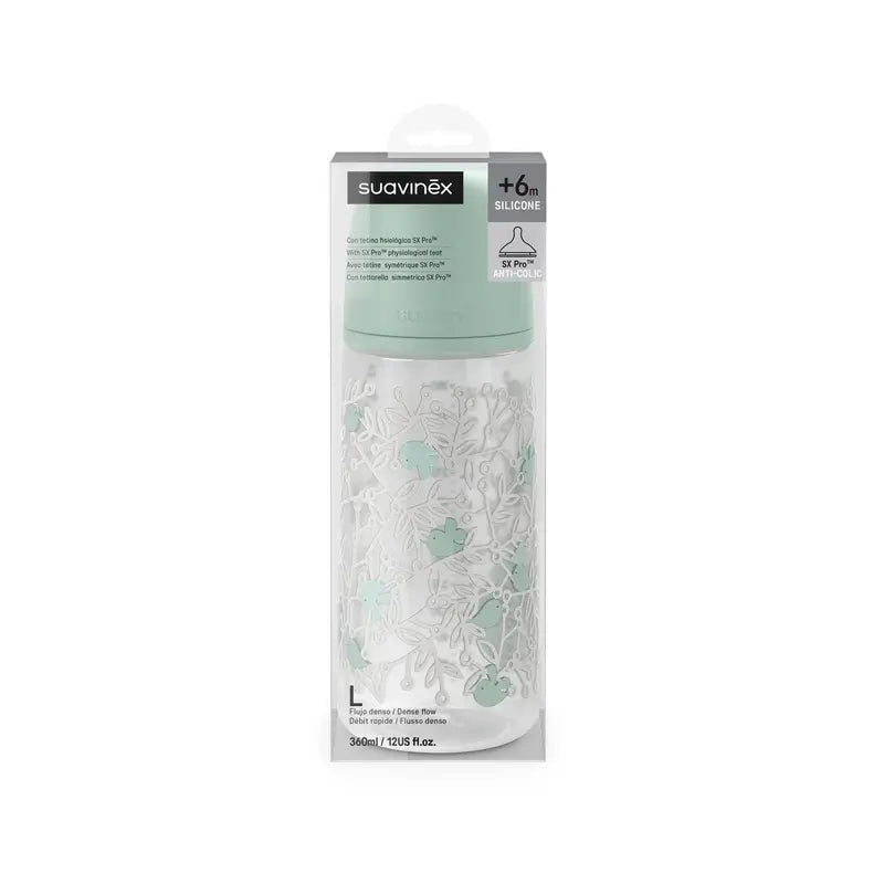 Suavinex Trinkflasche Sauger Sx Pro Dense Flow (L) +6 Monate Birdies Grün, 360 ml
