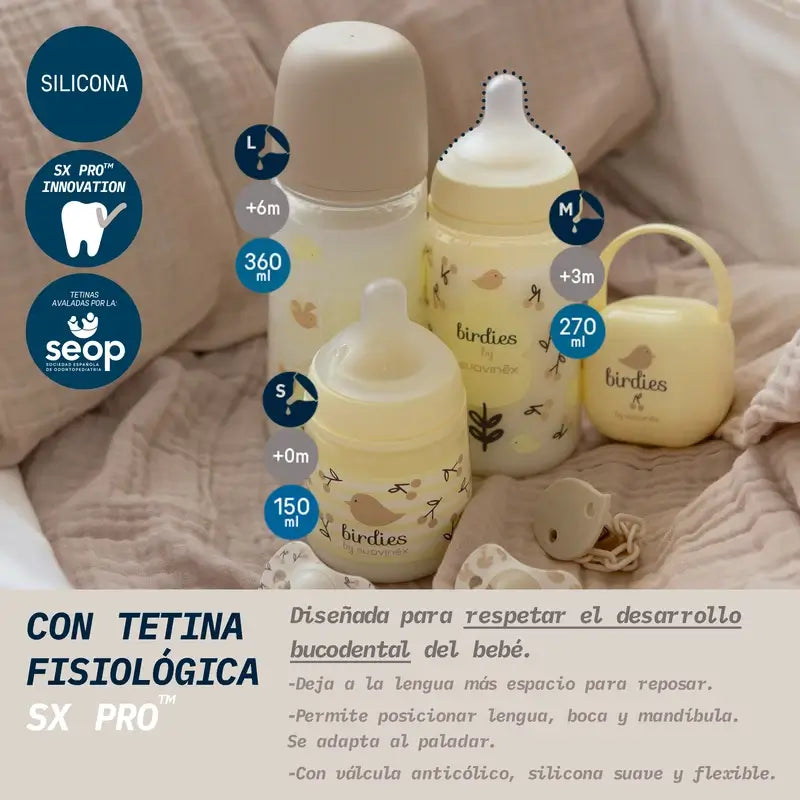 Suavinex Trinkflasche Sauger Sx Pro Slow Flow (S) +0 Monate Birdies Beige, 150 ml
